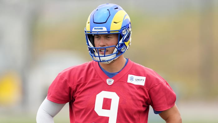 Rams quarterback Matthew Stafford in a red no-contact jersey
